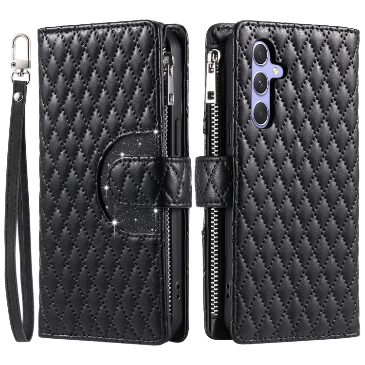 For Samsung Galaxy S25 5G Glitter Lattice Zipper Wallet Leather Phone Case(Black) For Samsung Galaxy S25 5G Glitter Lattice Zipper Wallet Leather Phone Case(Black)