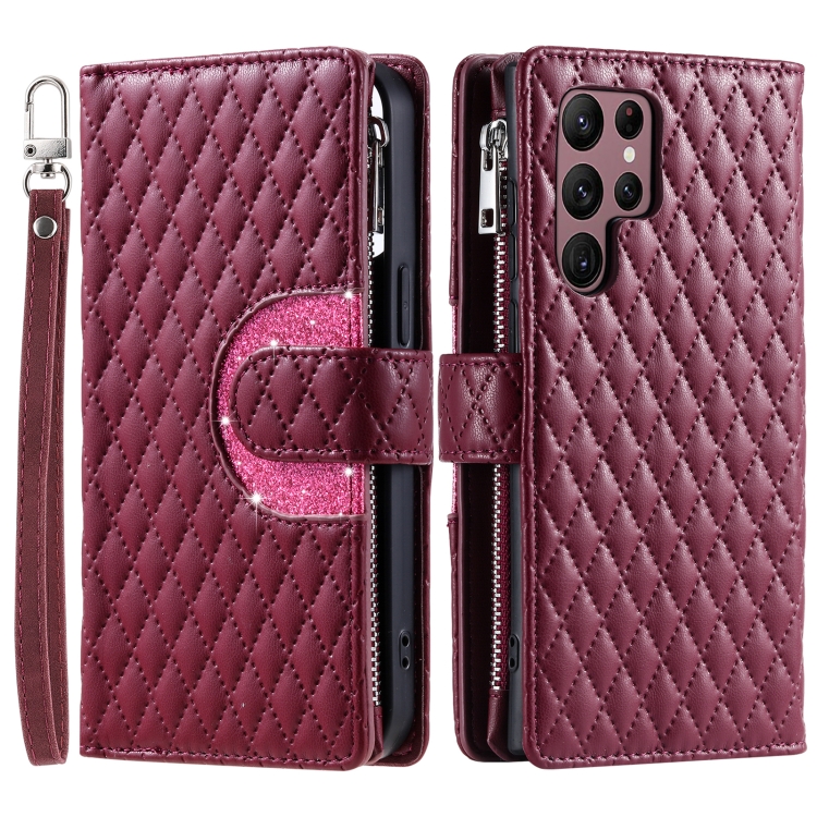 For Samsung Galaxy S25 Ultra 5G Glitter Lattice Zipper Wallet Leather Phone Case(Wine Red) For Samsung Galaxy S25 Ultra 5G Glitter Lattice Zipper Wallet Leather Phone Case(Wine Red)