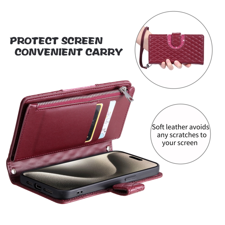 For Samsung Galaxy S25 Ultra 5G Glitter Lattice Zipper Wallet Leather Phone Case(Wine Red) For Samsung Galaxy S25 Ultra 5G Glitter Lattice Zipper Wallet Leather Phone Case(Wine Red)
