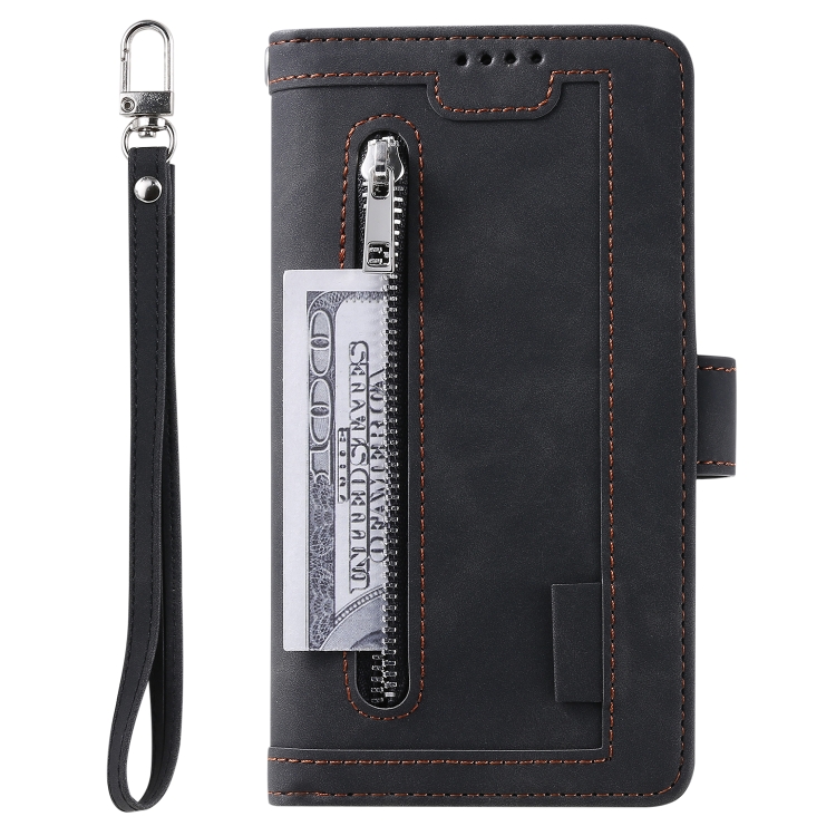 For Samsung Galaxy S25 5G Nine Card Zipper Bag Leather Phone Case with Lanyard(Black)