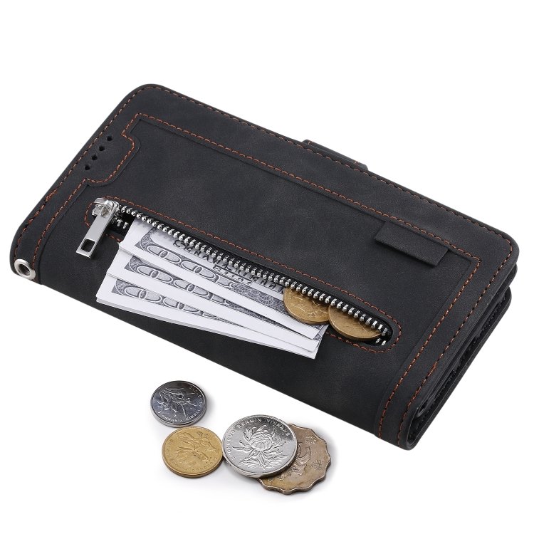 For Samsung Galaxy S25 5G Nine Card Zipper Bag Leather Phone Case with Lanyard(Black)