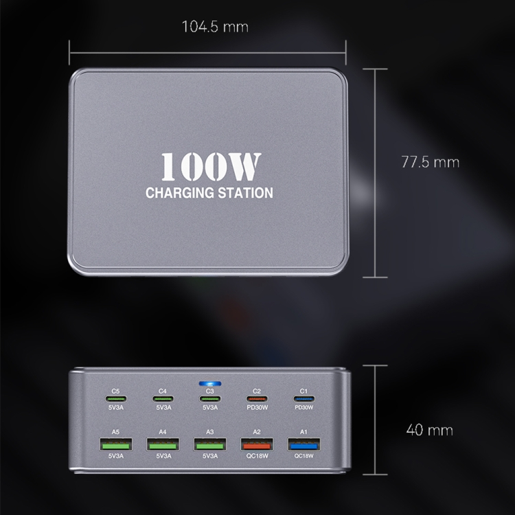 HW33 100W Type-C + USB 10-Port Desktop Fast Charger, Plug Type:US Plug HW33 100W Type-C + USB 10-Port Desktop Fast Charger, Plug Type:US Plug