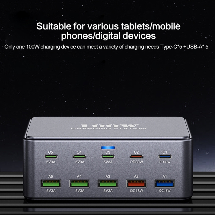 HW33 100W Type-C + USB 10-Port Desktop Fast Charger, Plug Type:US Plug HW33 100W Type-C + USB 10-Port Desktop Fast Charger, Plug Type:US Plug