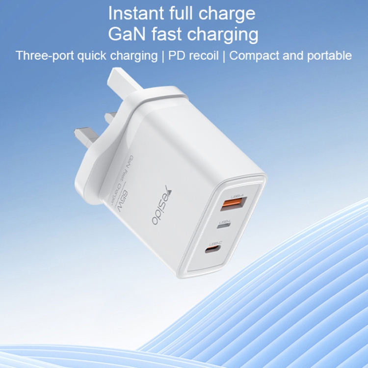 Yesido YC89 65W Type-C, USB, 8 Pin Reverse GaN Fast Charger with Type-C to 8 Pin Cable(UK Plug)