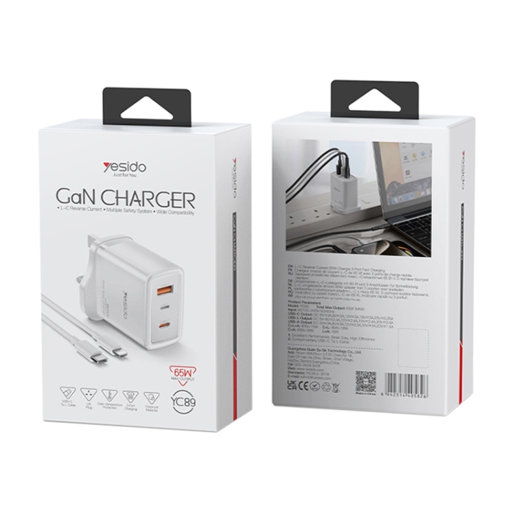 Yesido YC89 65W Type-C, USB, 8 Pin Reverse GaN Fast Charger with Type-C to 8 Pin Cable(UK Plug)