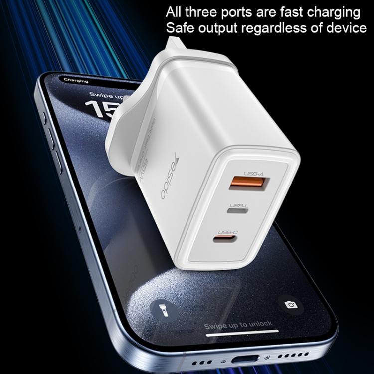 Yesido YC89 65W Type-C, USB, 8 Pin Reverse GaN Fast Charger with Type-C to 8 Pin Cable(UK Plug)