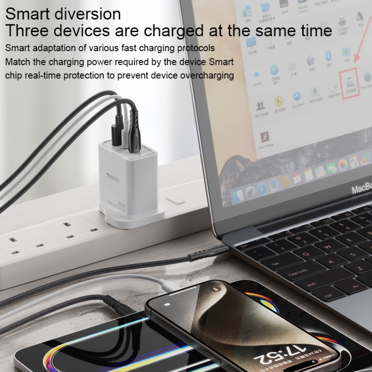 Yesido YC89 65W Type-C, USB, 8 Pin Reverse GaN Fast Charger with Type-C to 8 Pin Cable(UK Plug)