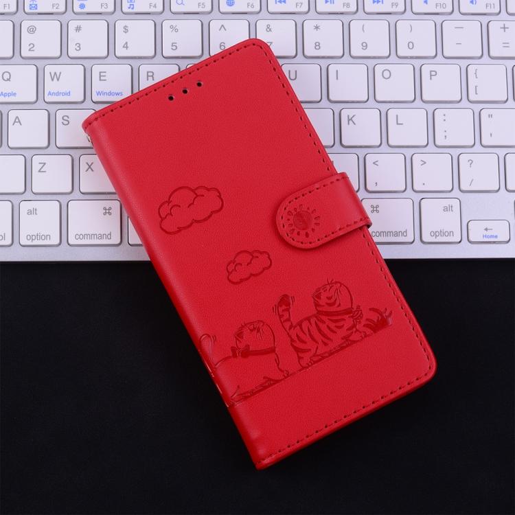 For Redmi Note 14 4G 164.84mm Cute Cats RFID Leather Phone Case(Red)