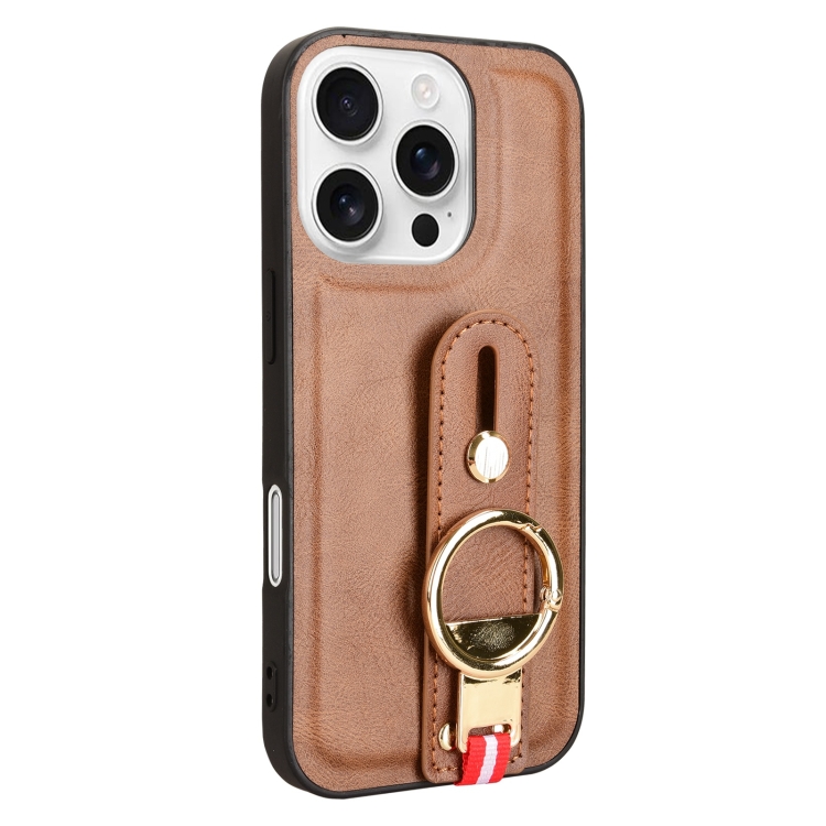 For iPhone 16 Pro Wristband Leather Back Phone Case(Brown) For iPhone 16 Pro Wristband Leather Back Phone Case(Brown)