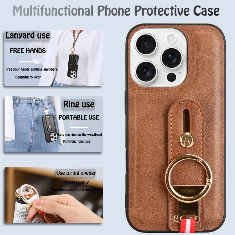 For iPhone 16 Pro Wristband Leather Back Phone Case(Brown) For iPhone 16 Pro Wristband Leather Back Phone Case(Brown)