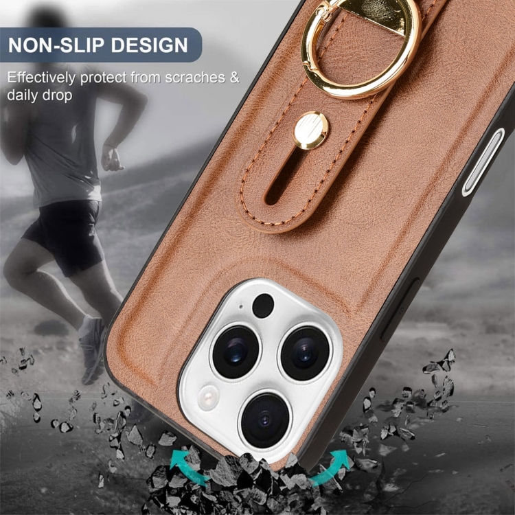 For iPhone 16 Pro Wristband Leather Back Phone Case(Brown) For iPhone 16 Pro Wristband Leather Back Phone Case(Brown)
