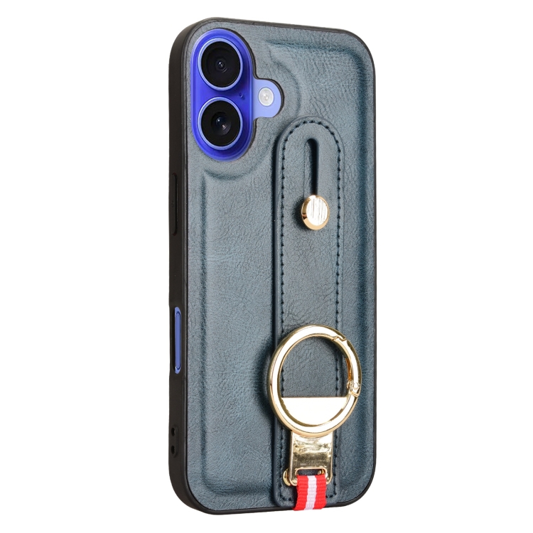For iPhone 16 Wristband Leather Back Phone Case(Blue) For iPhone 16 Wristband Leather Back Phone Case(Blue)