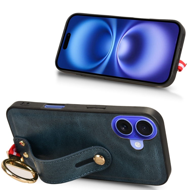 For iPhone 16 Wristband Leather Back Phone Case(Blue) For iPhone 16 Wristband Leather Back Phone Case(Blue)