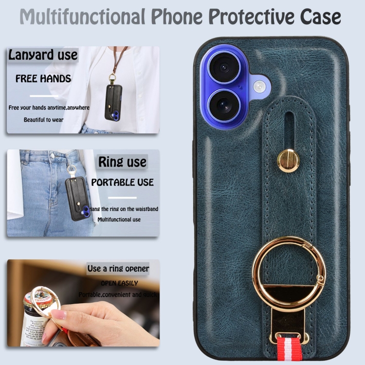 For iPhone 16 Wristband Leather Back Phone Case(Blue) For iPhone 16 Wristband Leather Back Phone Case(Blue)
