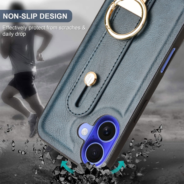 For iPhone 16 Wristband Leather Back Phone Case(Blue) For iPhone 16 Wristband Leather Back Phone Case(Blue)