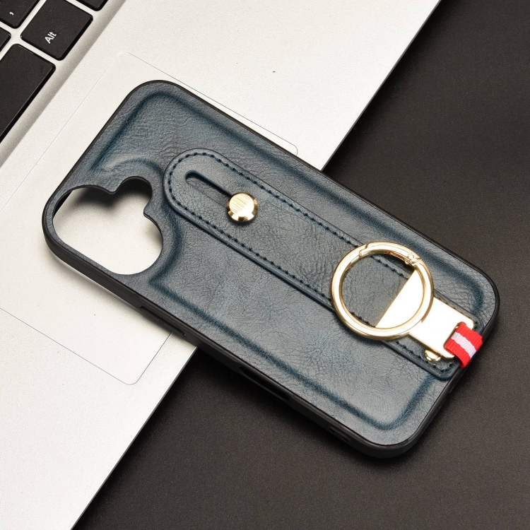 For iPhone 16 Wristband Leather Back Phone Case(Blue) For iPhone 16 Wristband Leather Back Phone Case(Blue)