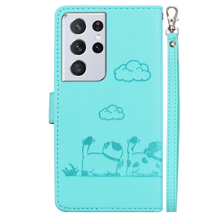 For Samsung Galaxy S21 Ultra 5G Cute Cats RFID Leather Phone Case(Green) For Samsung Galaxy S21 Ultra 5G Cute Cats RFID Leather Phone Case(Green)
