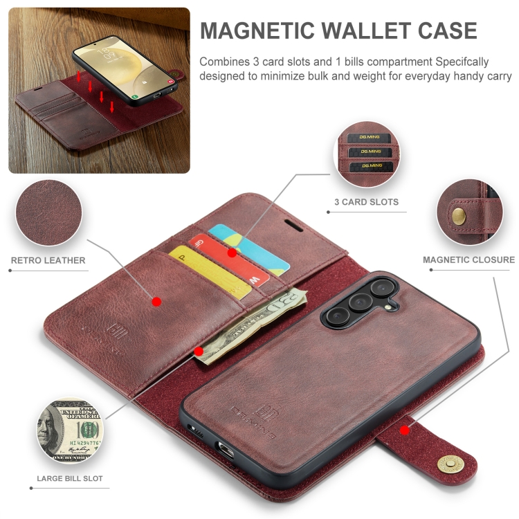 For Samsung Galaxy S24 FE 5G DG.MING Crazy Horse Texture Detachable Magnetic Leather Case(Red) For Samsung Galaxy S24 FE 5G DG.MING Crazy Horse Texture Detachable Magnetic Leather Case(Red)
