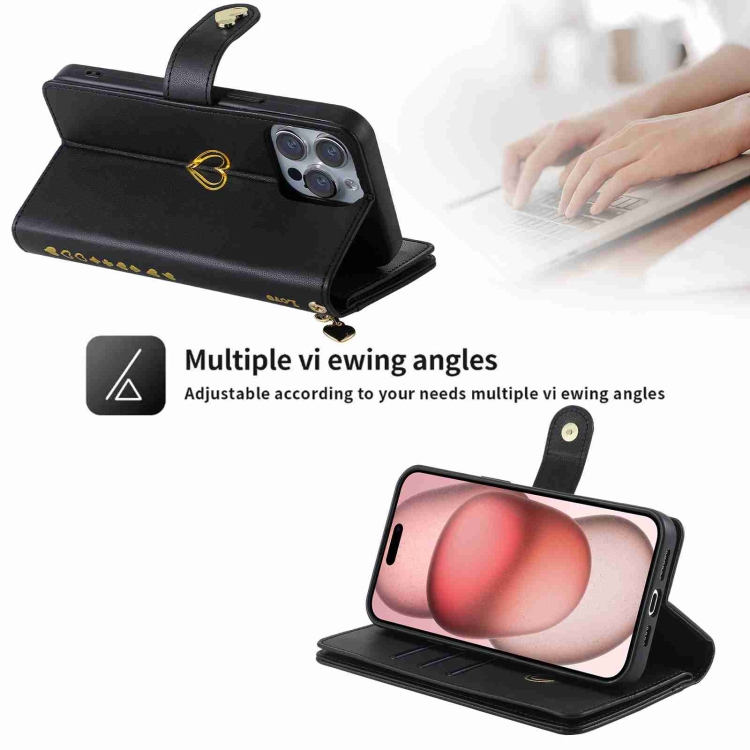 For iPhone 14 POLA Love Multi-Card Slots Zipper Wallet Leather Phone Case(Black) - 1