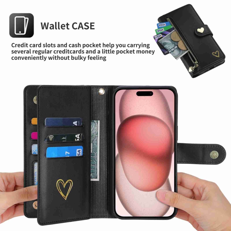 For iPhone 14 POLA Love Multi-Card Slots Zipper Wallet Leather Phone Case(Black) - 3