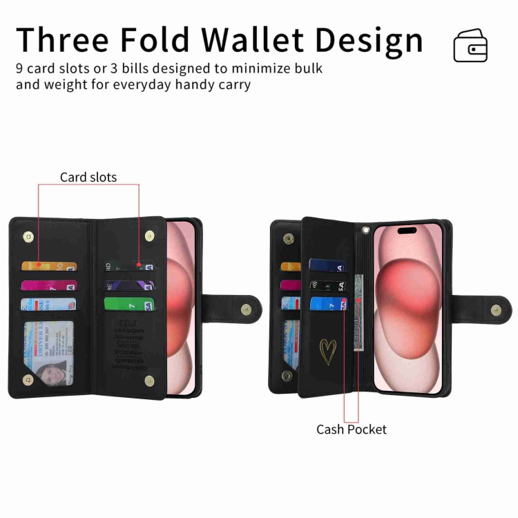For iPhone 14 POLA Love Multi-Card Slots Zipper Wallet Leather Phone Case(Black) - 4