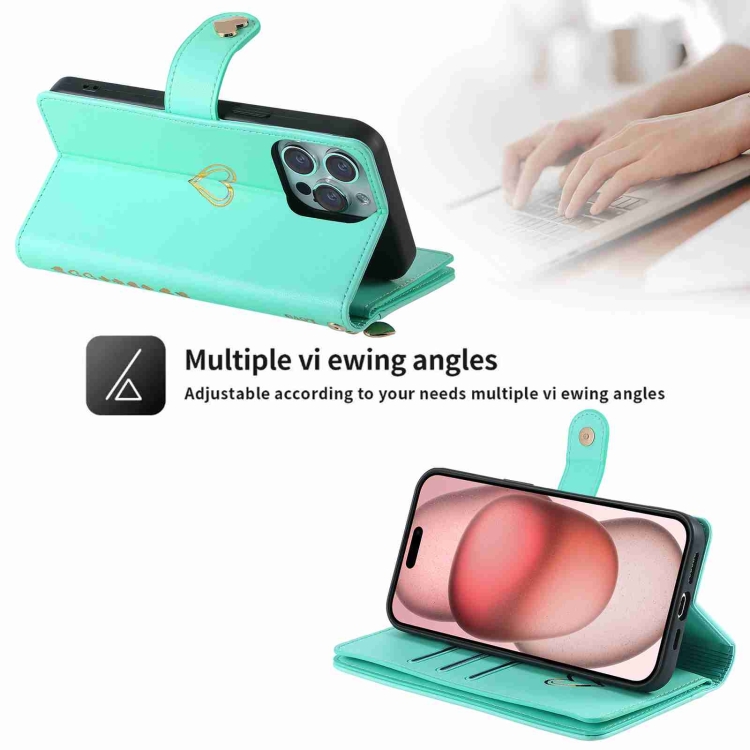 For iPhone 14 Plus POLA Love Multi-Card Slots Zipper Wallet Leather Phone Case(Light Green) For iPhone 14 Plus POLA Love Multi-Card Slots Zipper Wallet Leather Phone Case(Light Green)