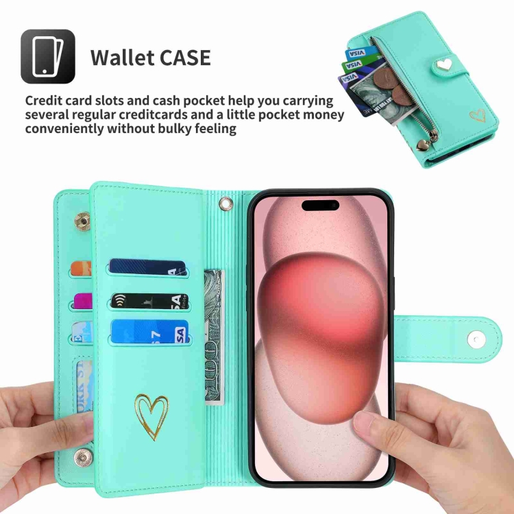 For iPhone 14 Plus POLA Love Multi-Card Slots Zipper Wallet Leather Phone Case(Light Green) For iPhone 14 Plus POLA Love Multi-Card Slots Zipper Wallet Leather Phone Case(Light Green)