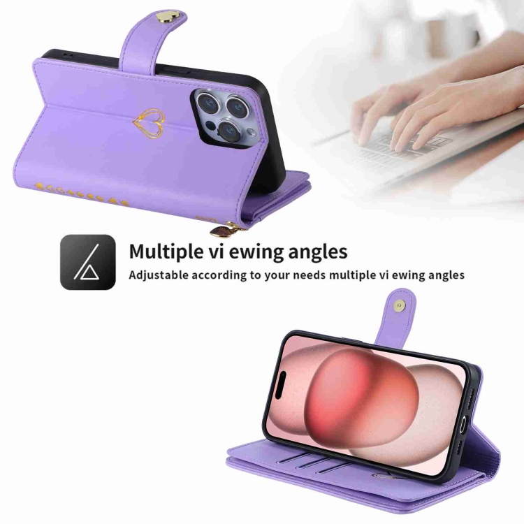 For iPhone 15 Pro POLA Love Multi-Card Slots Zipper Wallet Leather Phone Case(Purple) For iPhone 15 Pro POLA Love Multi-Card Slots Zipper Wallet Leather Phone Case(Purple)