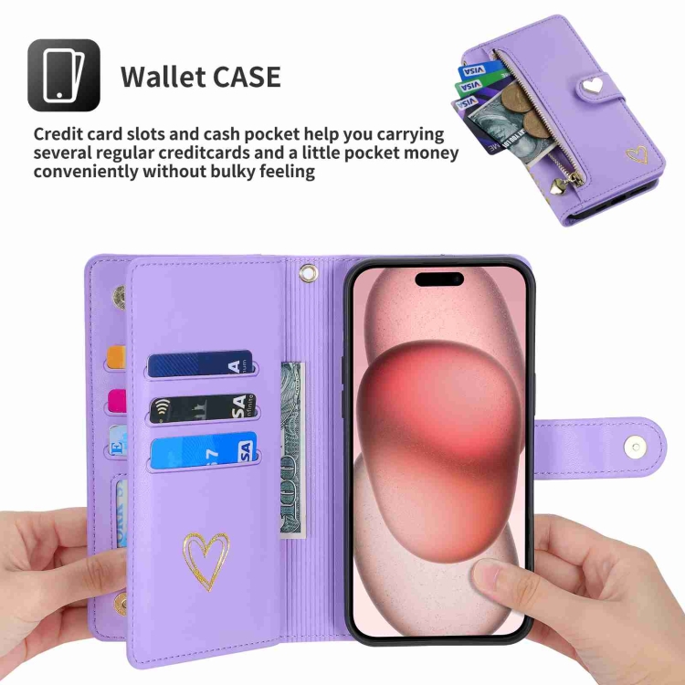 For iPhone 15 Pro POLA Love Multi-Card Slots Zipper Wallet Leather Phone Case(Purple) For iPhone 15 Pro POLA Love Multi-Card Slots Zipper Wallet Leather Phone Case(Purple)