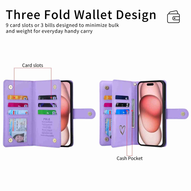 For iPhone 15 Pro POLA Love Multi-Card Slots Zipper Wallet Leather Phone Case(Purple) For iPhone 15 Pro POLA Love Multi-Card Slots Zipper Wallet Leather Phone Case(Purple)