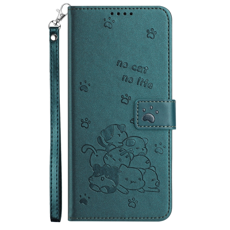 For iPhone 16 Embossed Kitten Phone Leather Case with Lanyard(Dark Green) For iPhone 16 Embossed Kitten Phone Leather Case with Lanyard(Dark Green)