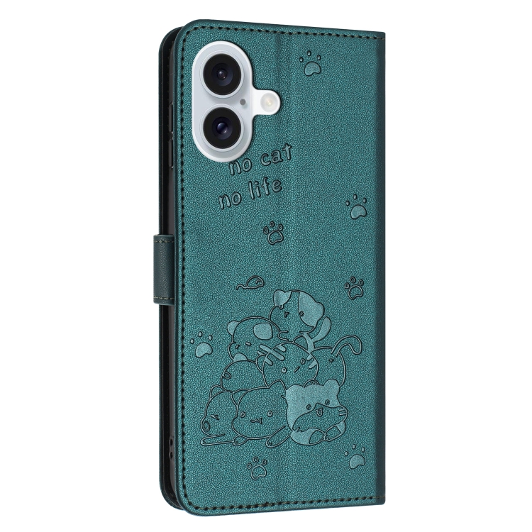 For iPhone 16 Embossed Kitten Phone Leather Case with Lanyard(Dark Green) For iPhone 16 Embossed Kitten Phone Leather Case with Lanyard(Dark Green)