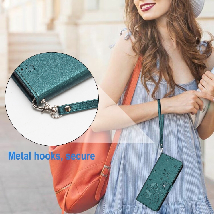 For iPhone 16 Embossed Kitten Phone Leather Case with Lanyard(Dark Green) For iPhone 16 Embossed Kitten Phone Leather Case with Lanyard(Dark Green)