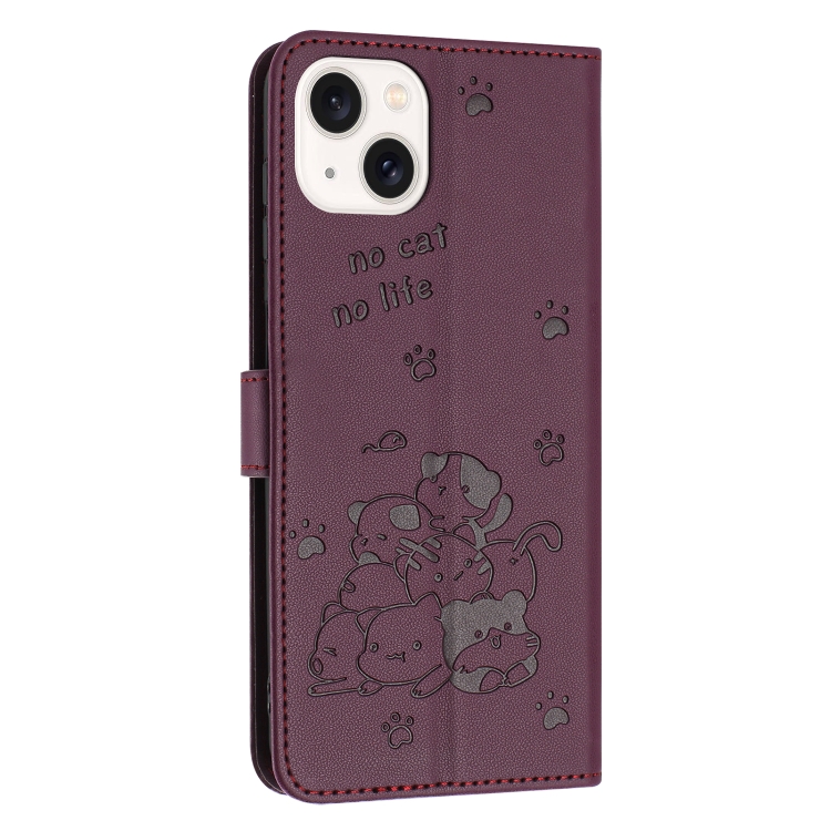 For iPhone 15 Plus Embossed Kitten Phone Leather Case with Lanyard(Wine Red) For iPhone 15 Plus Embossed Kitten Phone Leather Case with Lanyard(Wine Red)