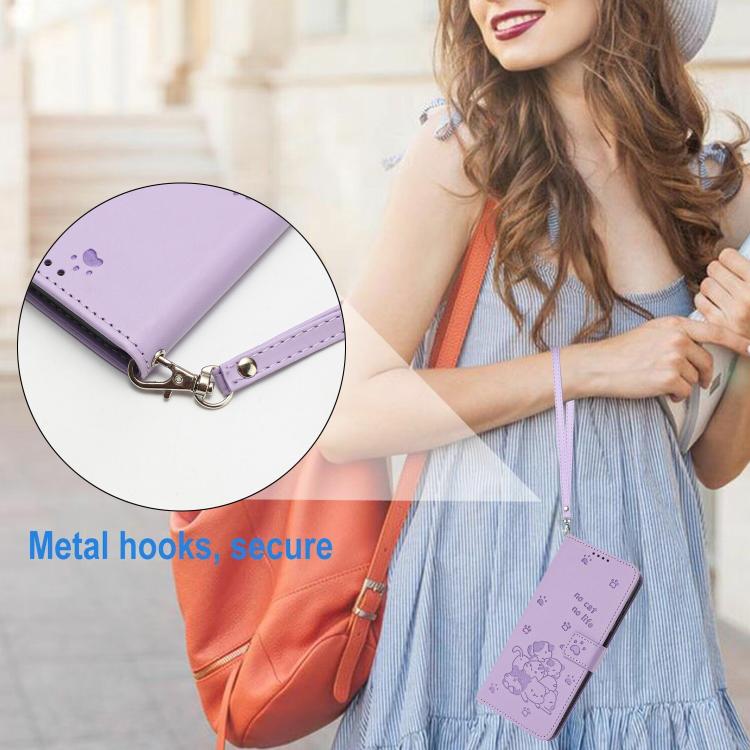 For Motorola Edge 5G 2026 Embossed Kitten Phone Leather Case with Lanyard(Purple)