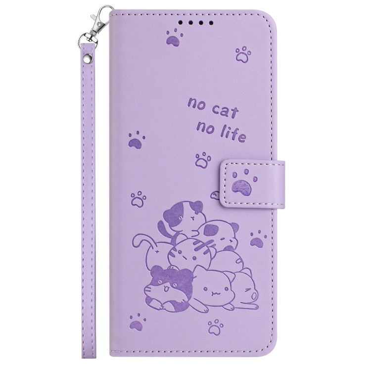 For Samsung Galaxy S25 / S24 5G Embossed Kitten Phone Leather Case with Lanyard(Purple)
