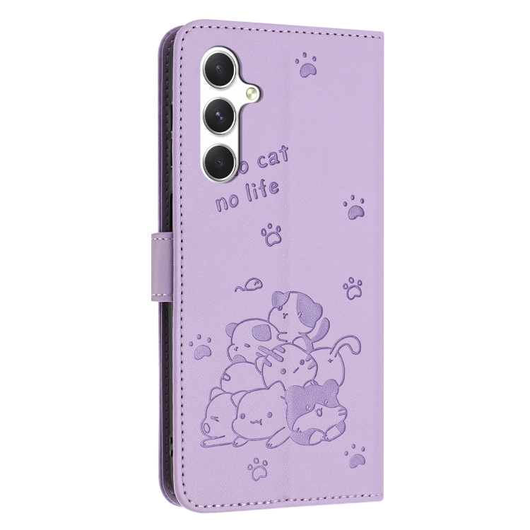 For Samsung Galaxy S25 / S24 5G Embossed Kitten Phone Leather Case with Lanyard(Purple)