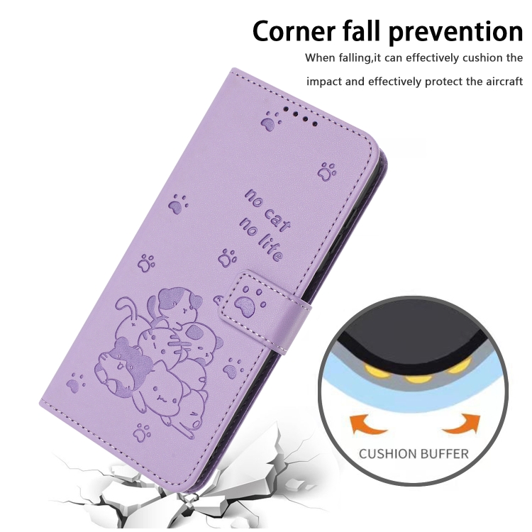 For Samsung Galaxy S25 / S24 5G Embossed Kitten Phone Leather Case with Lanyard(Purple)