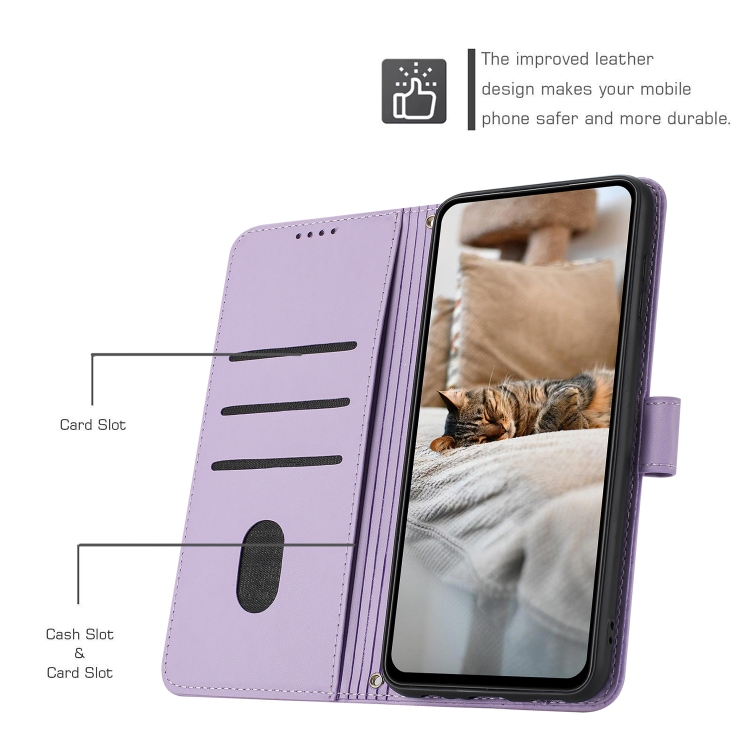 For Samsung Galaxy S25 / S24 5G Embossed Kitten Phone Leather Case with Lanyard(Purple)