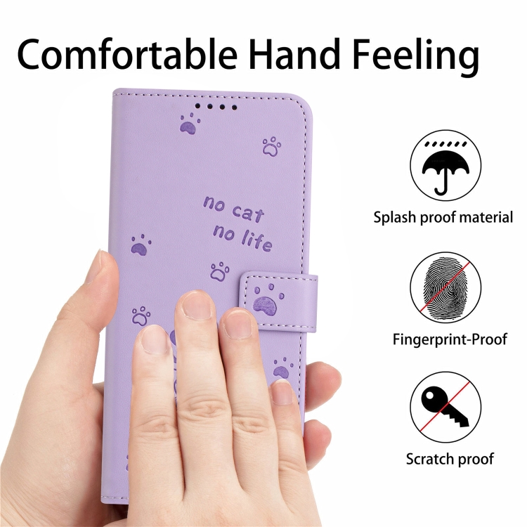 For Samsung Galaxy S25 / S24 5G Embossed Kitten Phone Leather Case with Lanyard(Purple)
