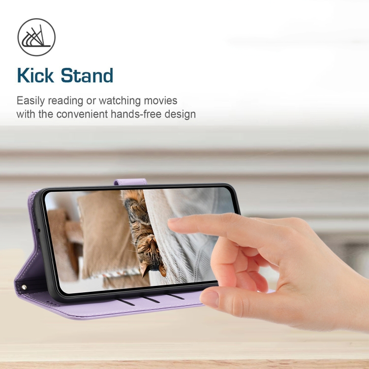 For Samsung Galaxy S25 / S24 5G Embossed Kitten Phone Leather Case with Lanyard(Purple)