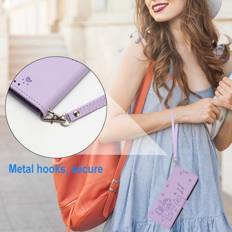 For Samsung Galaxy S25 / S24 5G Embossed Kitten Phone Leather Case with Lanyard(Purple)