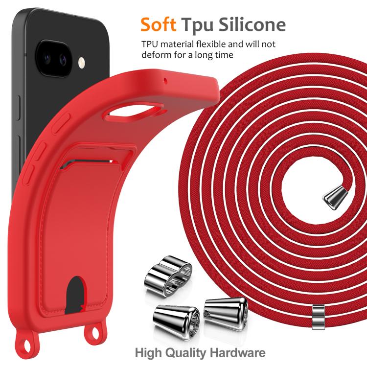 For Google Pixel 10a Integrated Card Bag Solid Color Liquid Silicone Phone Case with Lanyard(Red)