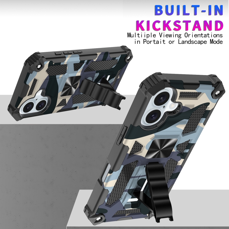 For iPhone 16 Camouflage Armor Kickstand TPU Hybrid PC Magnetic Phone Case(Black) For iPhone 16 Camouflage Armor Kickstand TPU Hybrid PC Magnetic Phone Case(Black)