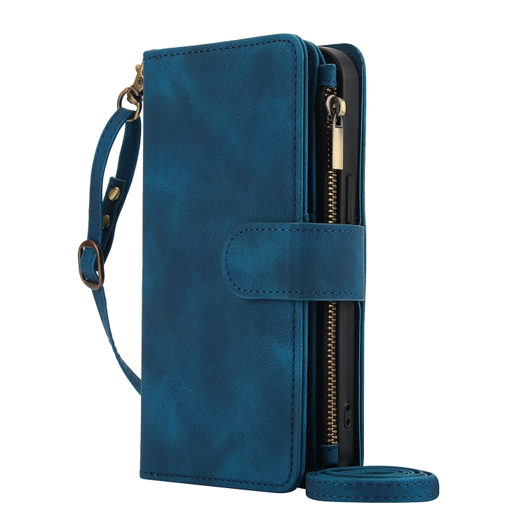 For iPhone 15 Plus Dream 9-Card Zipper Wallet RFID Leather Phone Case with Lanyard(Blue)