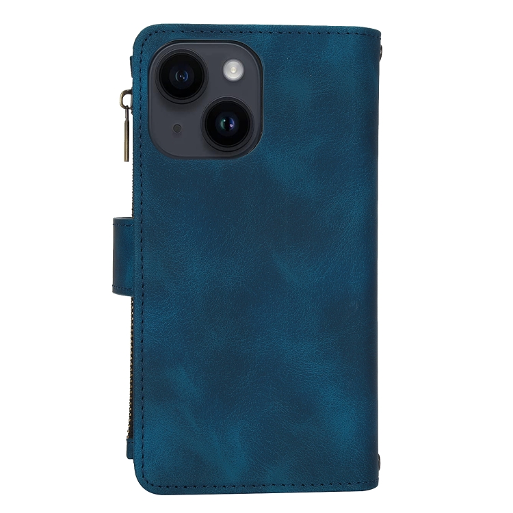 For iPhone 15 Plus Dream 9-Card Zipper Wallet RFID Leather Phone Case with Lanyard(Blue)