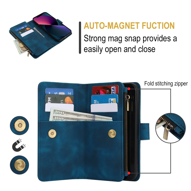 For iPhone 15 Plus Dream 9-Card Zipper Wallet RFID Leather Phone Case with Lanyard(Blue)