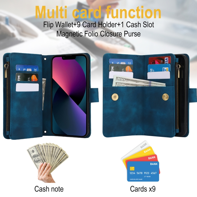 For iPhone 15 Plus Dream 9-Card Zipper Wallet RFID Leather Phone Case with Lanyard(Blue)