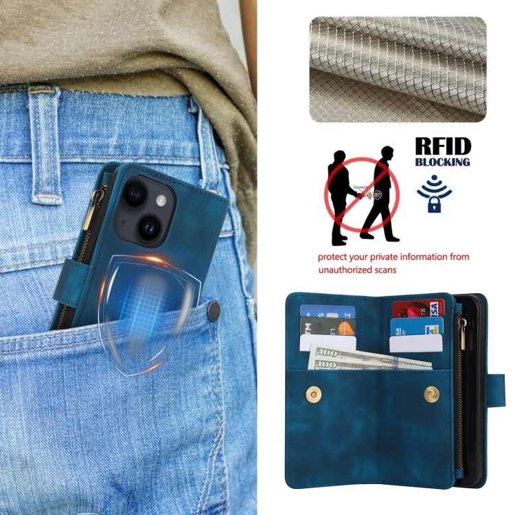 For iPhone 15 Plus Dream 9-Card Zipper Wallet RFID Leather Phone Case with Lanyard(Blue)