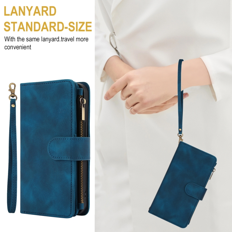 For iPhone 15 Plus Dream 9-Card Zipper Wallet RFID Leather Phone Case with Lanyard(Blue)